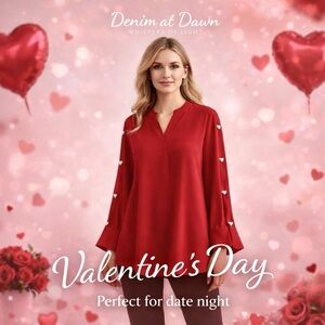 Size MP • Fairhaven Red Beaded Heart Blouse – Sheer Sleeve Detail